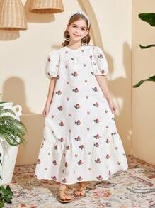 SHEIN Tween Girl Print Ruffle Sleeve Open Back Bow Design Dress, Vacation Style