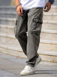 Manfinity Homme 男士休闲宽松工装牛仔裤，带口袋 - 淺灰色 - 查看 4