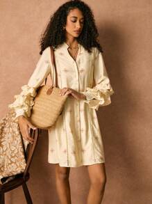 Poéselle Women's White Boho Floral Print Ruffle Hem Button Long Sleeve Mini Dress,Autumn Graphic Vacation Holiday Clothing,Western Bohemian Style Beach Wear - White - View 4