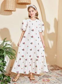 SHEIN Tween Girl Print Ruffle Sleeve Open Back Bow Design Dress, Vacation Style