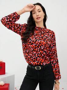 EMERY ROSE 情人节女士抽象心形印花荷叶边灯笼袖衬衫 - 彩色 - 查看 2