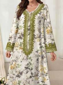 Al Najma 女式花卉印花长袖阿拉伯休闲连衣裙，朴素 - 彩色 - 查看 4