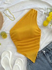 Soleia 女士夏季假期不对称下摆不对称肩上衣 - 黃色 - 查看 4