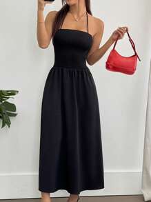 Flirla 女士纯色挂脖式休闲度假连衣裙 - 黑色 - 查看 4