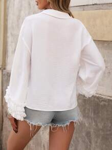 Breezaya Women's Elegant Frill Trim Dropped Shoulder Long Sleeve V-Neck Blouse, Spring/Summer