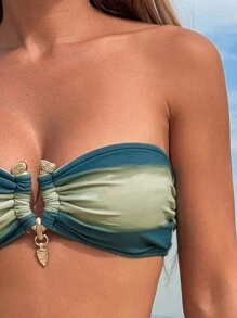 Swim Vcay Set de 3 piezas Bikini de mujer, top sin tirantes con estampado digital colorido, fresco, adecuado para playa, resort, ocio, fiesta, primavera/verano