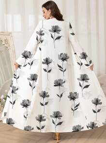 Al Najma 女士花卉印花长袖休闲阿拉伯风格长袍，端庄长袍 - 白色 - 查看 2