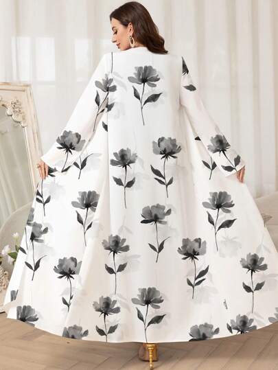 Al Najma 女士花卉印花长袖休闲阿拉伯风格长袍，端庄长袍