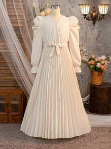 SHEIN Tween Girls Casual Puff Sleeve Long Sleeve Ruffle V-Neck Pleated Maxi Dress - Apricot - View 2