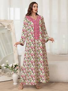 SHEIN Najma Váy Maxi họa tiết hoa thanh lịch theo phong cách Ả Rập dành cho nữ, Váy Ả Rập, Khiêm tốn - Hồng - Xem 7