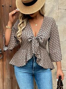 Breezaya Plus Size Women Vacation Casual Full Print Ruffle Tie Front Blouse