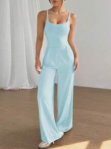Flirla Solid Color Backless Loose Wide Leg Jumpsuit - Blue - View 5