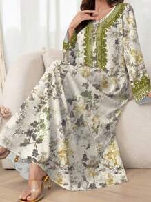 Al Najma 女式花卉印花长袖阿拉伯休闲连衣裙，朴素 - 彩色 - 查看 1