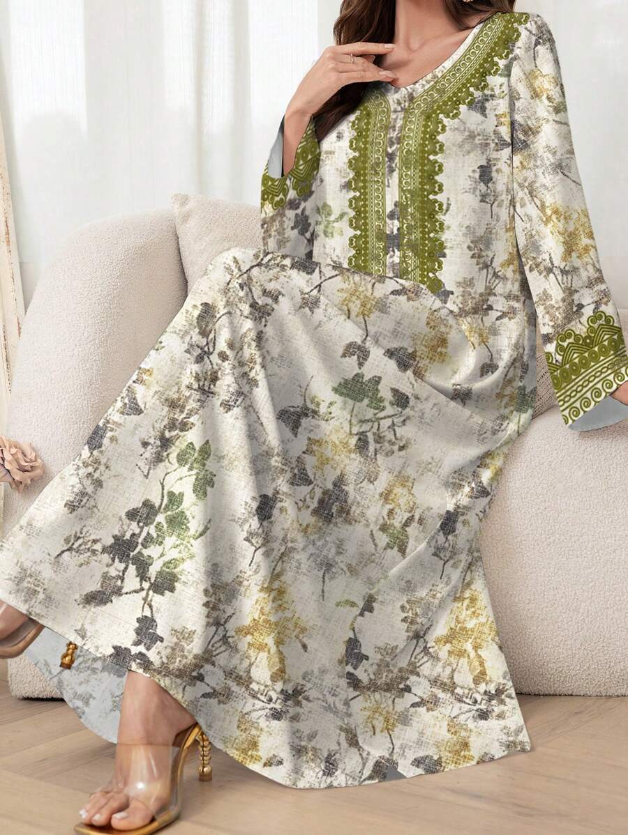Al Najma 女式花卉印花长袖阿拉伯休闲连衣裙，朴素 - 彩色 - 查看 1