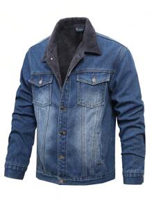 Manfinity Homme 男士休闲水洗保暖内衬牛仔夹克，秋冬 - 中等水洗藍 - 查看 1