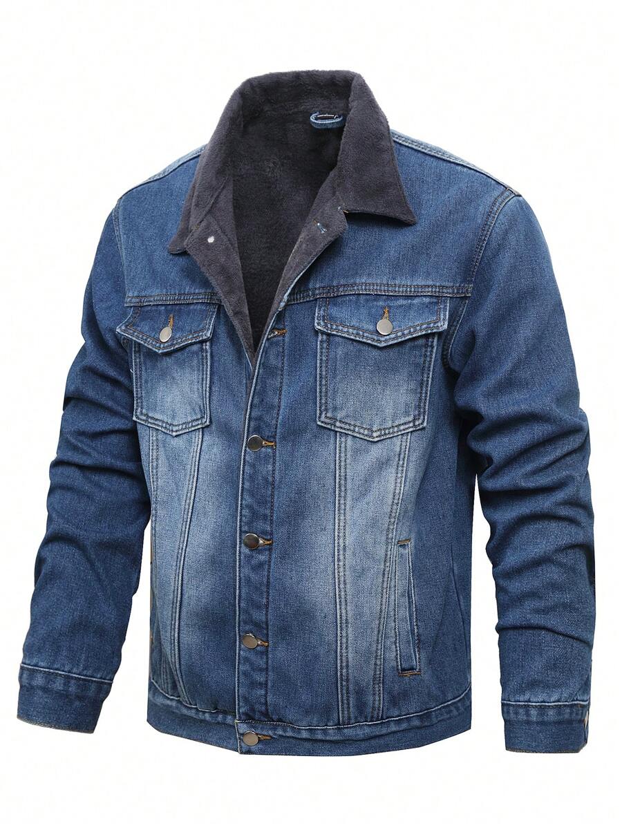 Manfinity Homme 男士休闲水洗保暖内衬牛仔夹克，秋冬 - 中等水洗藍 - 查看 1