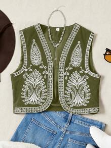 Aveloria Modichic Chaqueta sin mangas elegante con bordado en contraste para mujer, estilo occidental retro