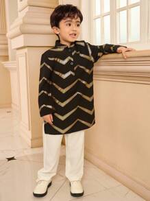 2pcs Young Boy Gold Foil Print Henley Shirt And Pants Set, Suitable For Ramadan, Gatherings And Other Occasions