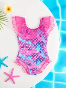 Young Girl Scaly Print Contrast Mesh Ruffle Hem One-Piece Swimsuit - Multicolor - View 3