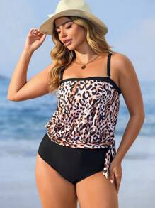 Swim Lushoire Nuevo conjunto de 2 piezas de traje de baño con estampado de leopardo, tirantes finos y espalda descubierta para mujer, para playa, vacaciones, natación