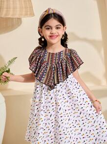 SHEIN Young Girl's Spring/Summer Style Matching Family Vacation, Vintage Rose Floral Mixed Print Ruffle A-Line Dress, Sibling Outfits Sisters Ramandan Style Outfit, Vintage & Fashionable.Mom And Daughter & Sisters Matching.For School Daily Wear & Vacation & Holidays. - Multicolor - View 5