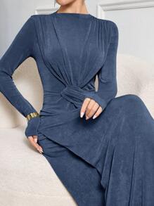 Modelyn Women's Extra-Long Modest Knitted Ruched Elegant Dress - Dusty Blue - View 7
