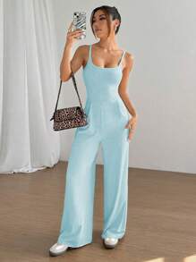 Flirla Solid Color Backless Loose Wide Leg Jumpsuit - Blue - View 2