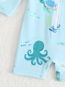 SHEIN Newborn/Infant Baby Boy Zip-Up Sun Protective Swimsuit, Beach/Resort Outfit For Summer