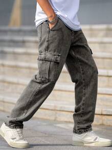 Manfinity Homme 男士休闲宽松工装牛仔裤，带口袋 - 淺灰色 - 查看 3