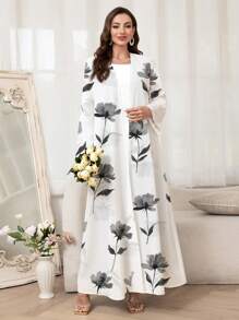 Al Najma 女士花卉印花长袖休闲阿拉伯风格长袍，端庄长袍 - 白色 - 查看 1