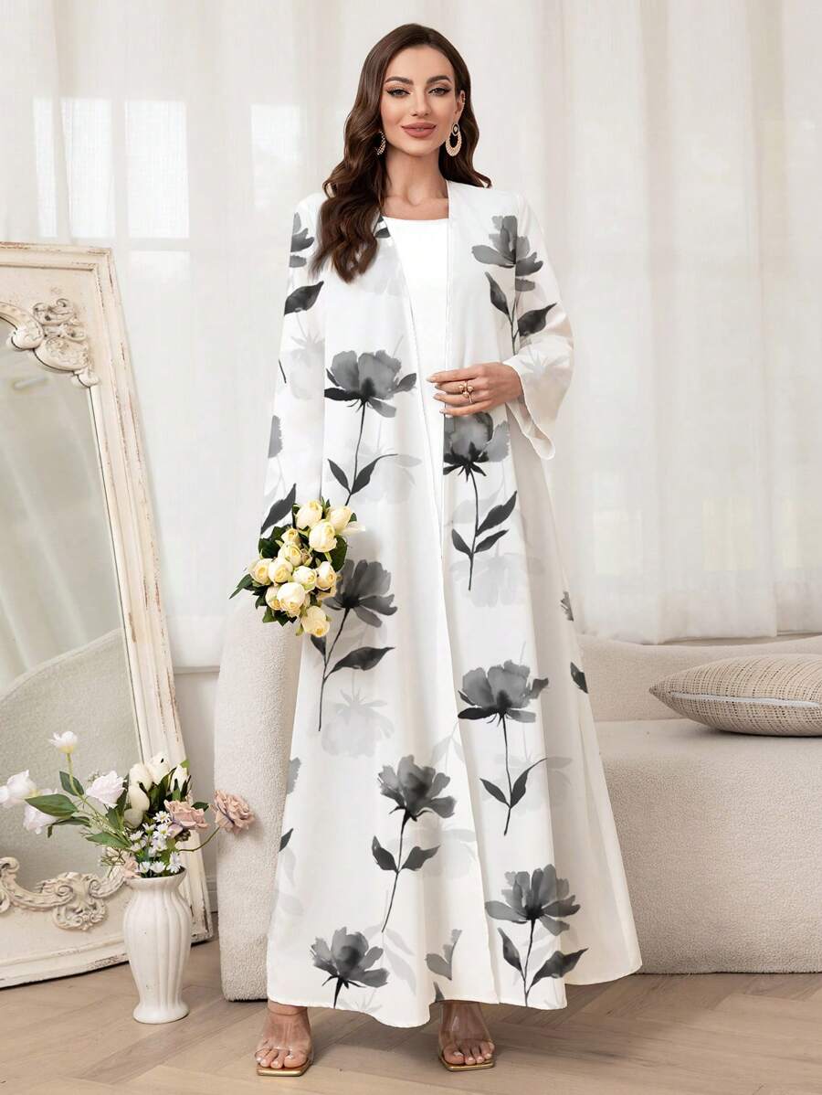 Al Najma 女士花卉印花长袖休闲阿拉伯风格长袍，端庄长袍 - 白色 - 查看 1