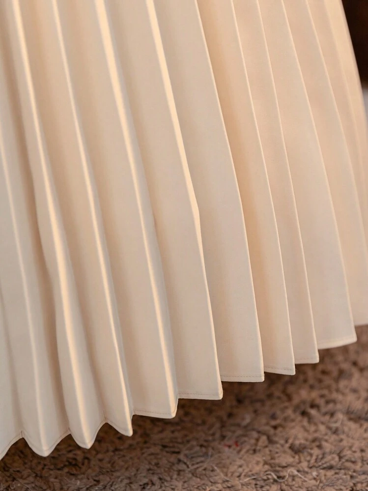 SHEIN Vestido largo de manga larga y cuello en V con plisado y volantes tipo maxi informal para niñas preadolescentes - Albaricoque - Añade 9