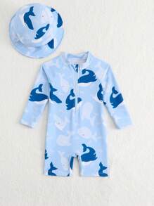 SHEIN Baby Boy Whale Print Long Sleeve Swimsuit With Sunscreen Wide Brim Swim Cap