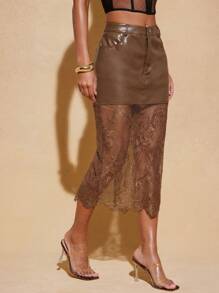 Hauture PU Leather Sheer Floral Lace Slant Pocket Elegant Skirt