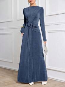 Modelyn Women's Extra-Long Modest Knitted Ruched Elegant Dress - Dusty Blue - View 3