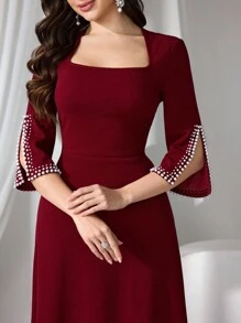 Coutiva 女士正式晚礼服、婚礼宾客礼服、串珠针织红色优雅连衣裙，适合正式活动音乐节春夏、派对礼服 - 酒紅色 - 查看 6