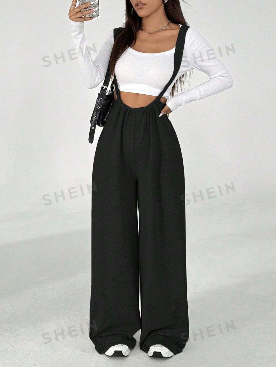 Flirla Mono de pierna ancha y suelta de unicolor minimalista, versátil