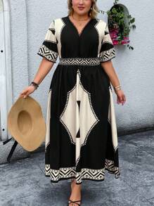 Breezaya Plus Size Boho Women's Black & Khaki Contrast Color Block, Floral Patchwork, Retro Print Short Sleeve Dress, Elegant Vacation Dress, Spring/Summer