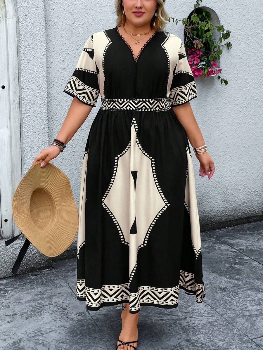 Breezaya Plus Size Boho Women's Black & Khaki Contrast Color Block, Floral Patchwork, Retro Print Short Sleeve Dress, Elegant Vacation Dress, Spring/Summer