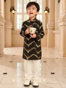 2pcs Young Boy Gold Foil Print Henley Shirt And Pants Set, Suitable For Ramadan, Gatherings And Other Occasions