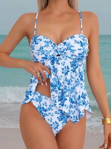Swim Lushoire Women 2pcs/Set Swimwear, Detachable Strap Twist Front Hollow Out Ruffle Bikini For Summer Beach Vacation - Blue - View 3