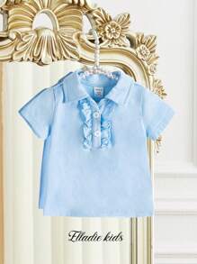 SHEIN Bébé fille Le nouveau Top à manches courtes avec revers confortable, , mignon, décontracté et facile à assortir - Bleu azur - Voir 3