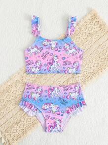 Cute Young Girl Pony Print Two-Piece Bikini Swimwear Set (Random Print) - Multicolor - View 5