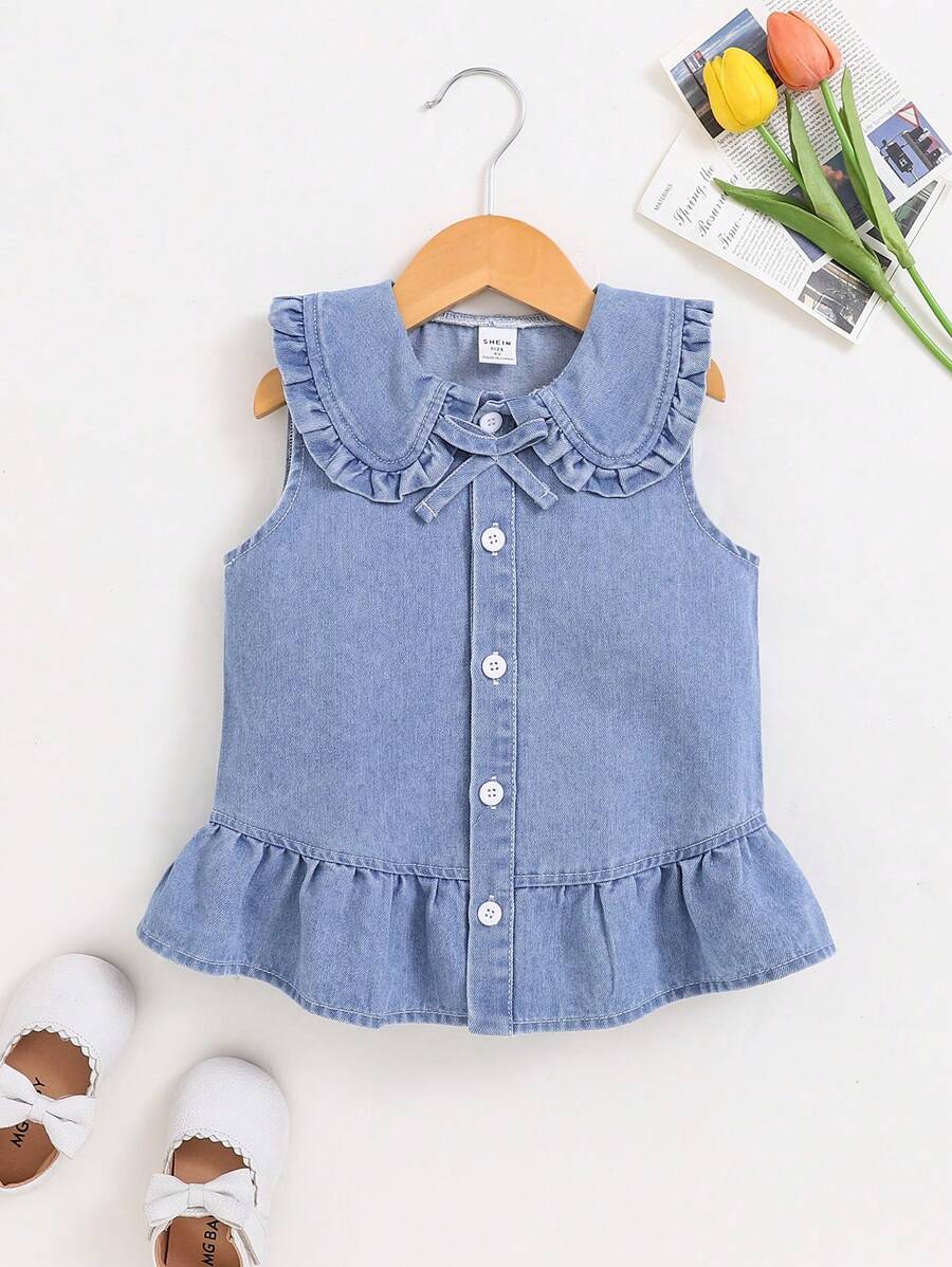 Young Girls ' Ruched Denim Spaghetti Strap Casual Blouse, Fashion For Spring/Summer - Blue - View 1