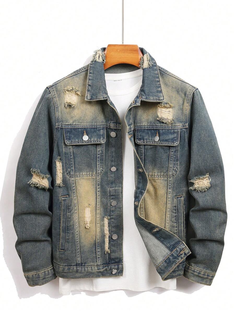 Manfinity Homme 男式休闲洗水做旧牛仔夹克