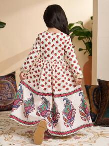 Young Girl Paisley Print Square Neck Long Sleeve Dress - Multicolor - View 2