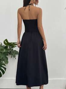 Flirla 女士纯色挂脖式休闲度假连衣裙 - 黑色 - 查看 2