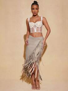 Hauture Chân váy midi lưng cao bằng da giả màu đen thời trang có chi tiết tua rua - Màu be - Xem 5