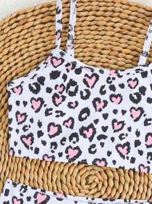 Young Girl Leopard Print Casual Bikini Set - Pink - View 4