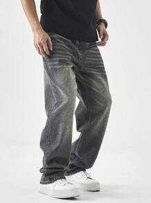 Manfinity EZcore Men's Casual Washed Loose Straight Leg Jeans - Black - View 6